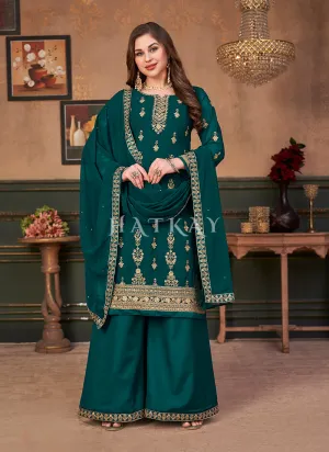 Turquoise Traditional Embroidered Designer Palazzo Suit