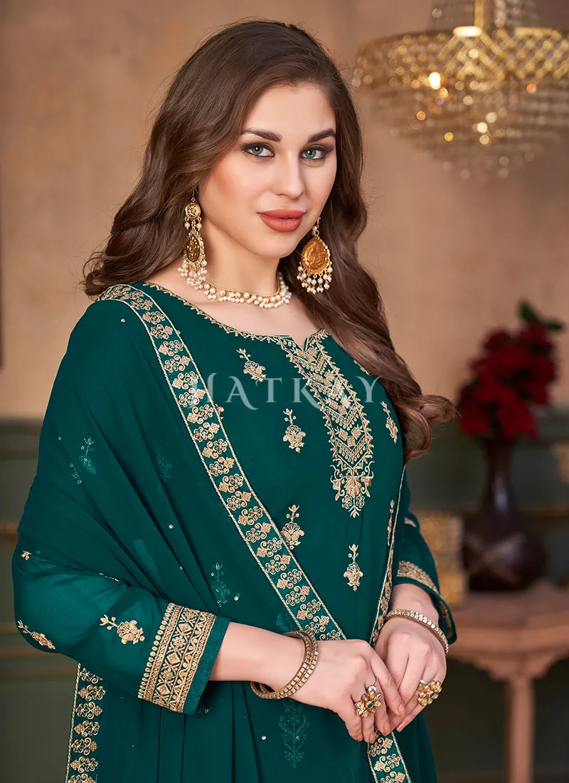 Turquoise Traditional Embroidered Designer Palazzo Suit