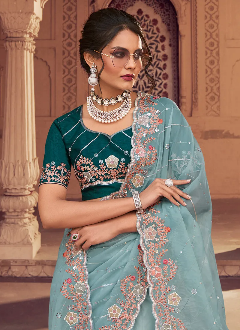 Turquoise Two Tone Traditional Embroidery Organza Silk Saree