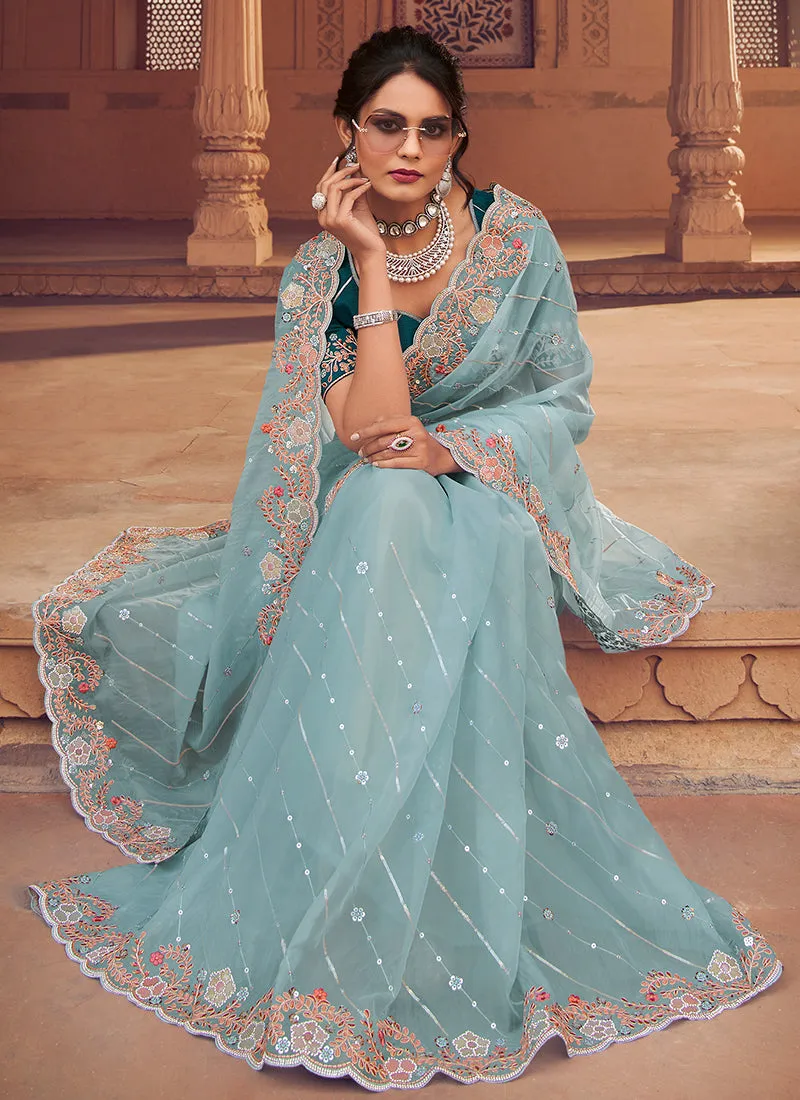 Turquoise Two Tone Traditional Embroidery Organza Silk Saree