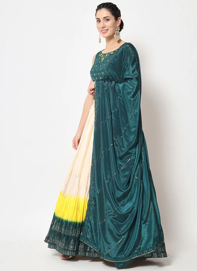 Turquoise White Ombré Sequence Embroidery Silk Lehenga Choli