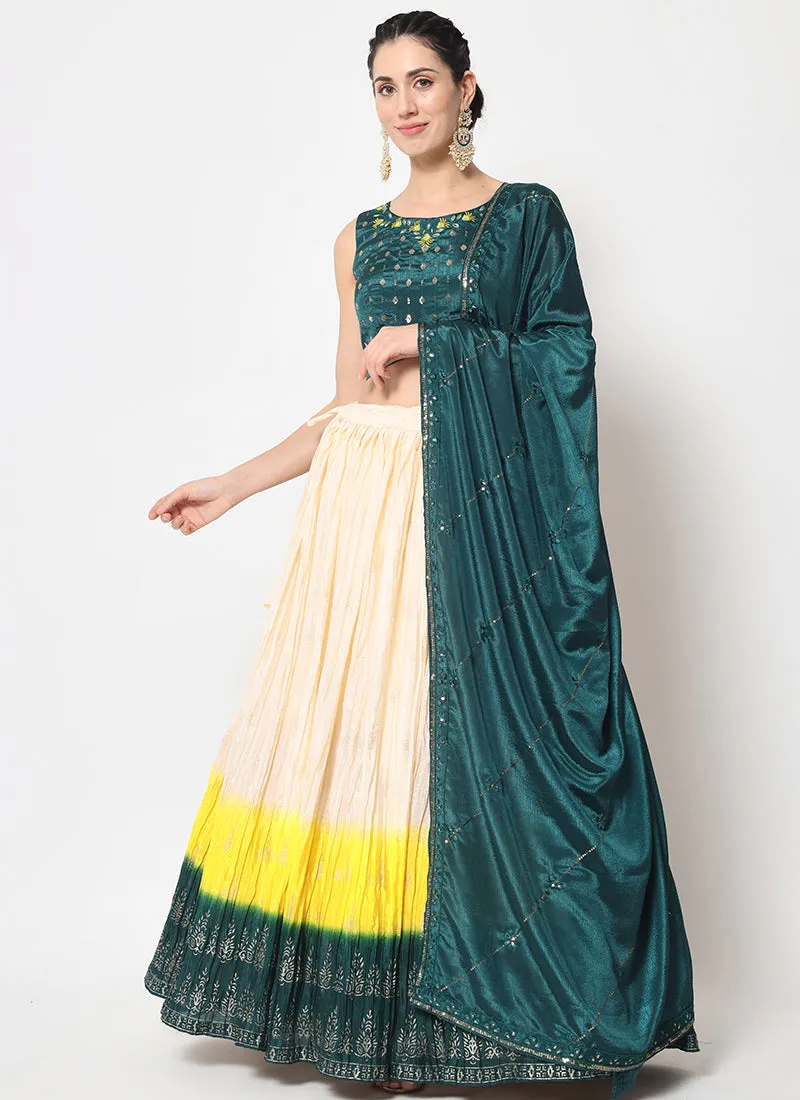 Turquoise White Ombré Sequence Embroidery Silk Lehenga Choli
