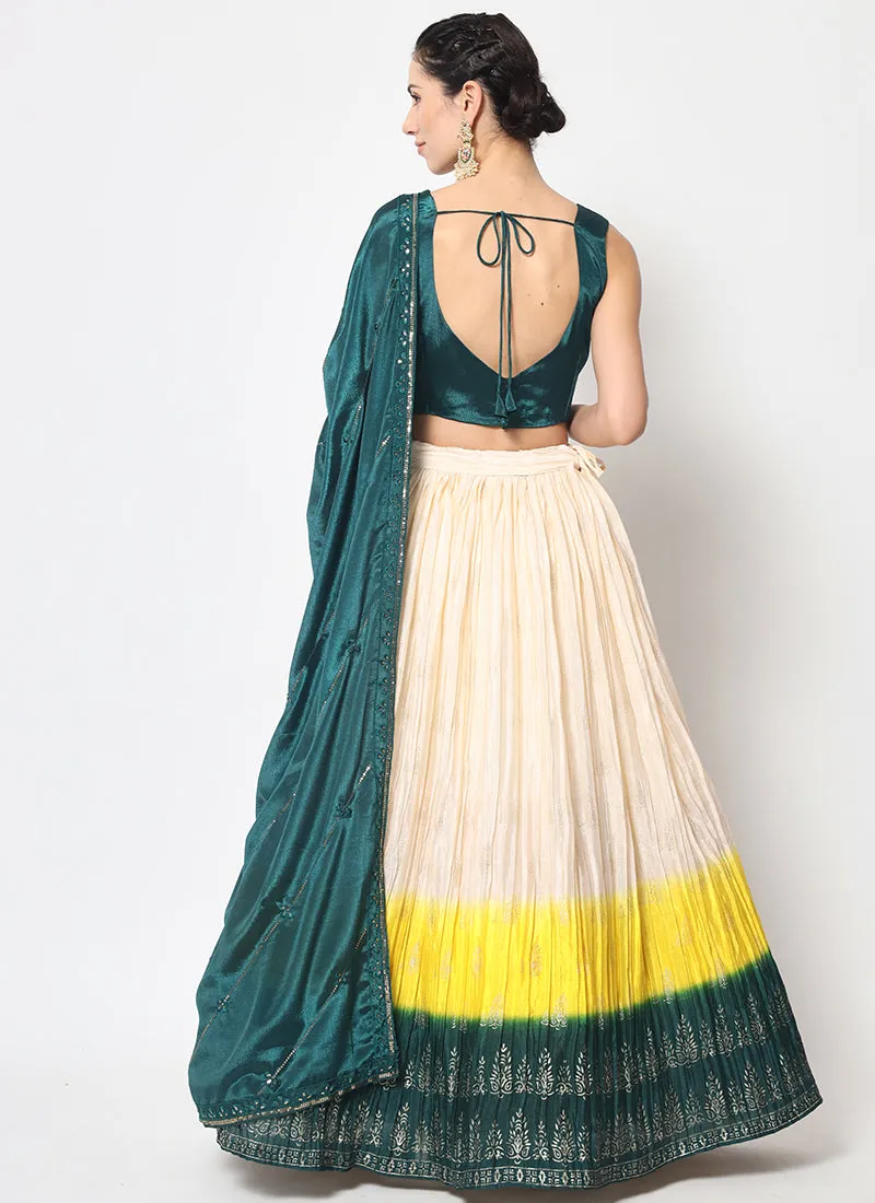 Turquoise White Ombré Sequence Embroidery Silk Lehenga Choli
