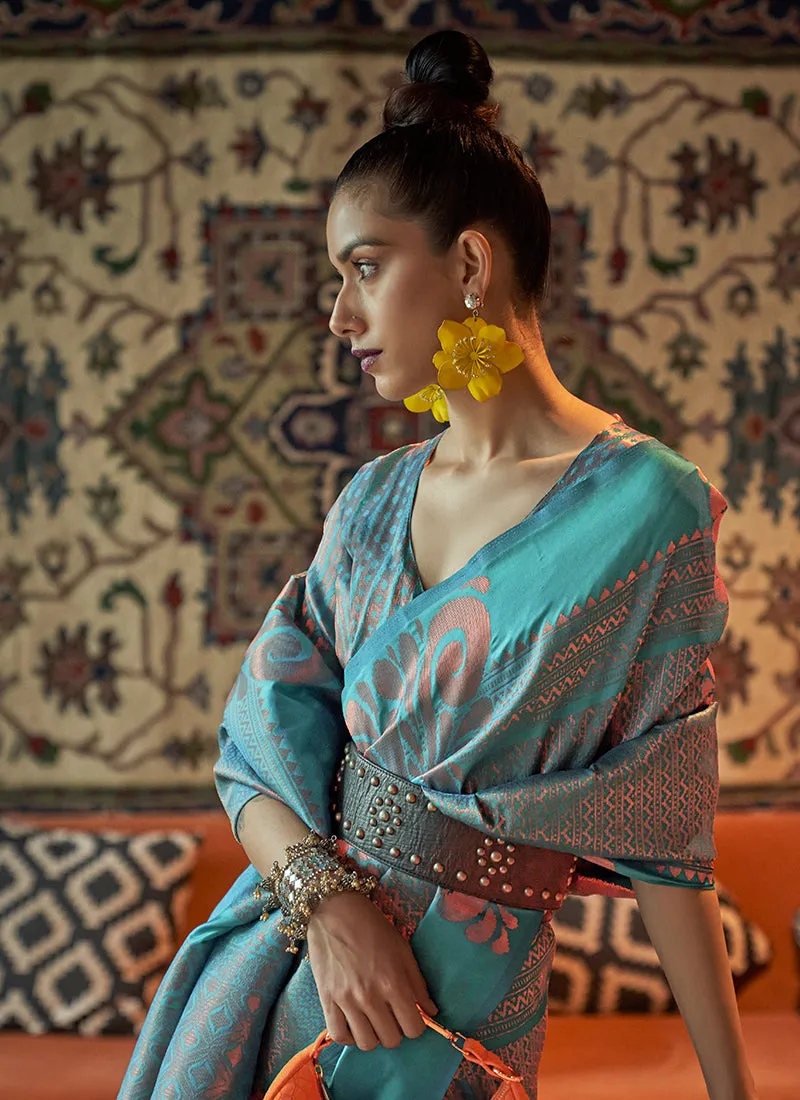 Turquoise Zari Weaved Jacquard Silk Saree