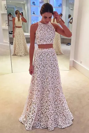 Two Piece A-line Jewel Sleeveless Floor Length White Lace Prom Dress LPD030