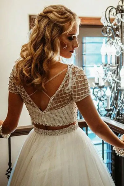 Two Piece Deep V-Neck Criss-Cross Straps Short Sleeves White Tulle Prom Dress with Beading L014