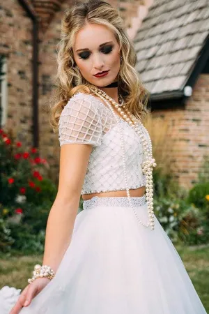 Two Piece Deep V-Neck Criss-Cross Straps Short Sleeves White Tulle Prom Dress with Beading L014