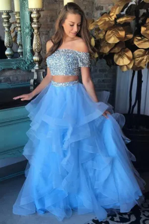 Two Piece Off-the-Shoulder Sweep Train Blue Tulle Prom Dress with Beading Ruffles D019