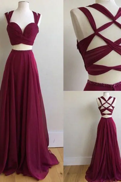 Two Piece Square Sweep Train Criss-Cross Straps Burgundy Chiffon Prom Dress P27