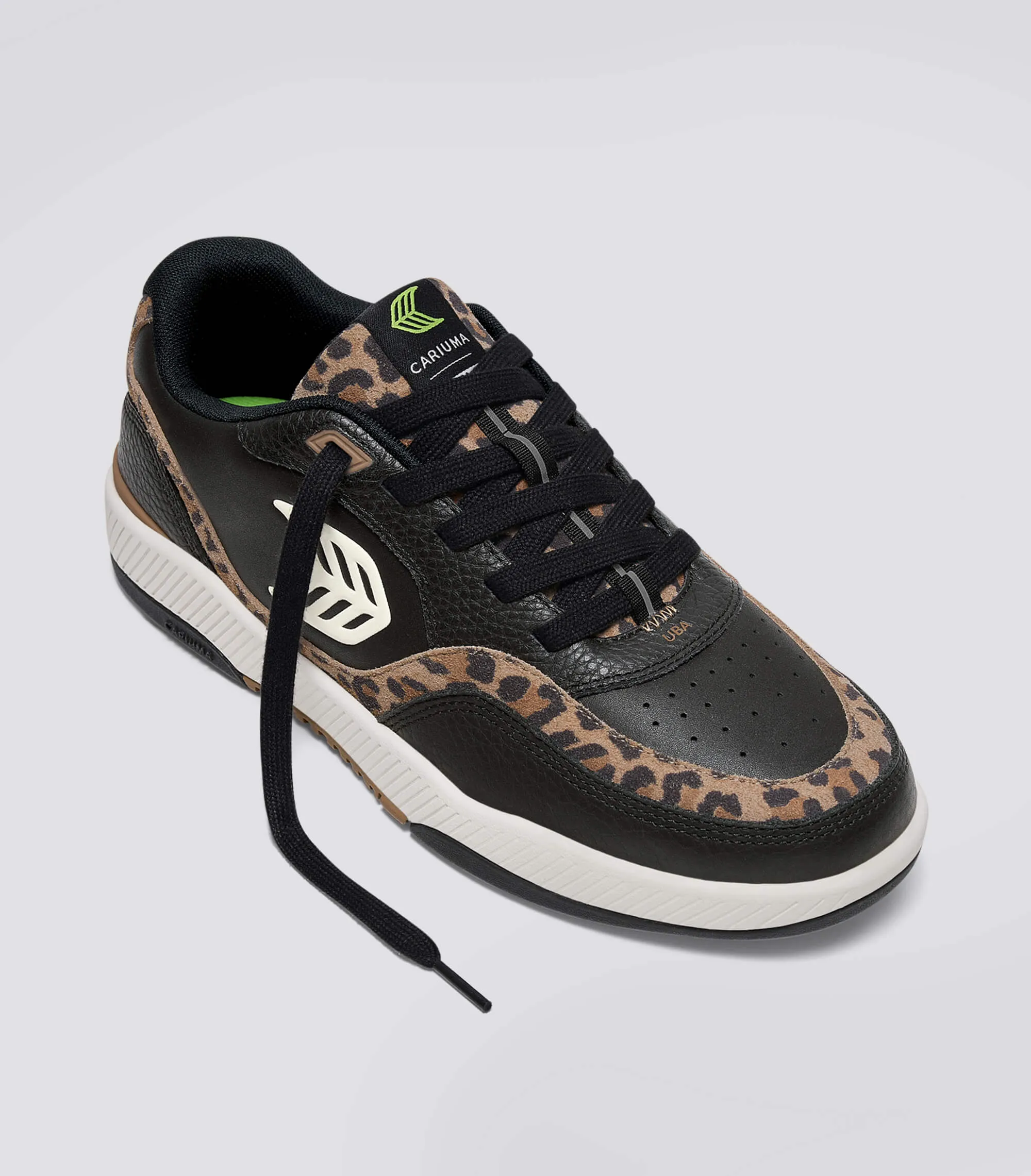 UBA Black Leather Leopard Print Suede Ivory Logo Sneaker Men
