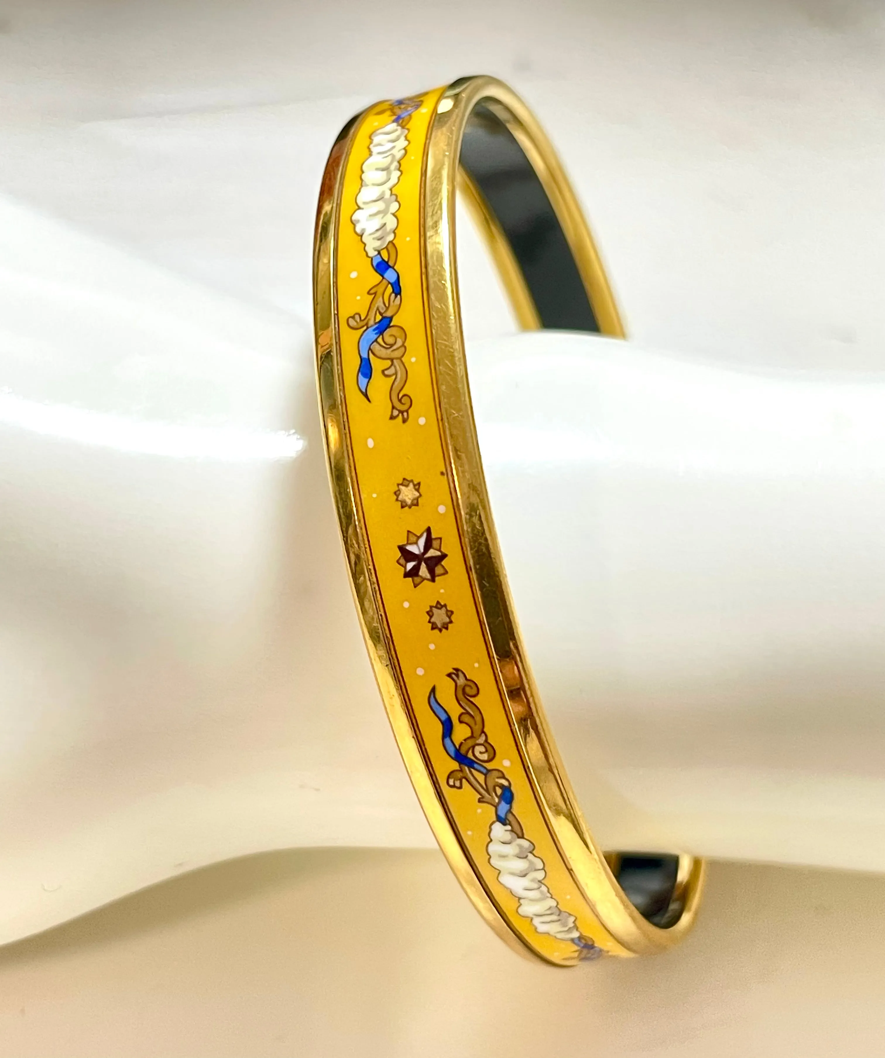 Vintage Hermes yellow cloisonne enamel bangle with star, cloud, and arabesque design. Classic bracelet. 070128ac4