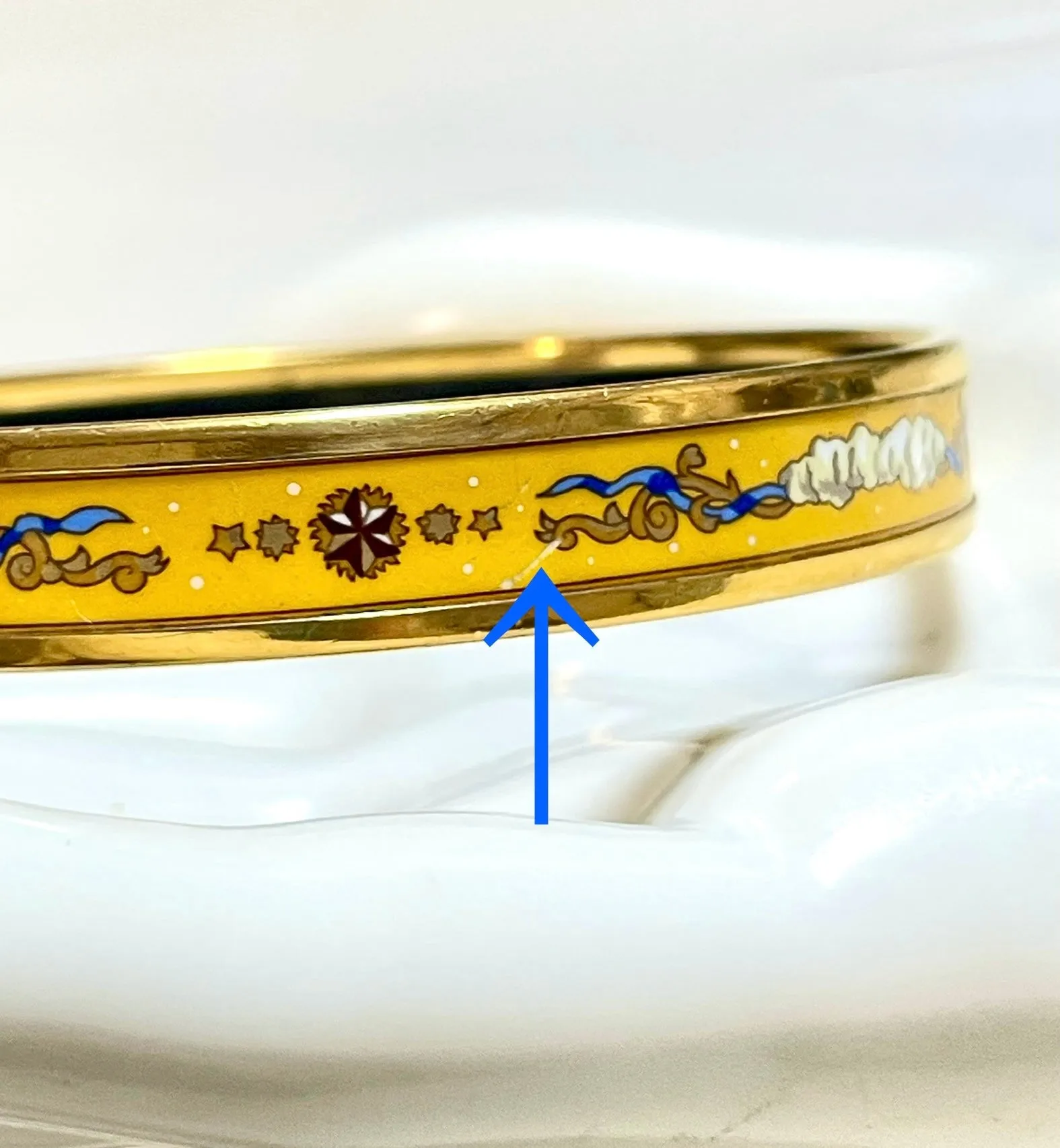 Vintage Hermes yellow cloisonne enamel bangle with star, cloud, and arabesque design. Classic bracelet. 070128ac4