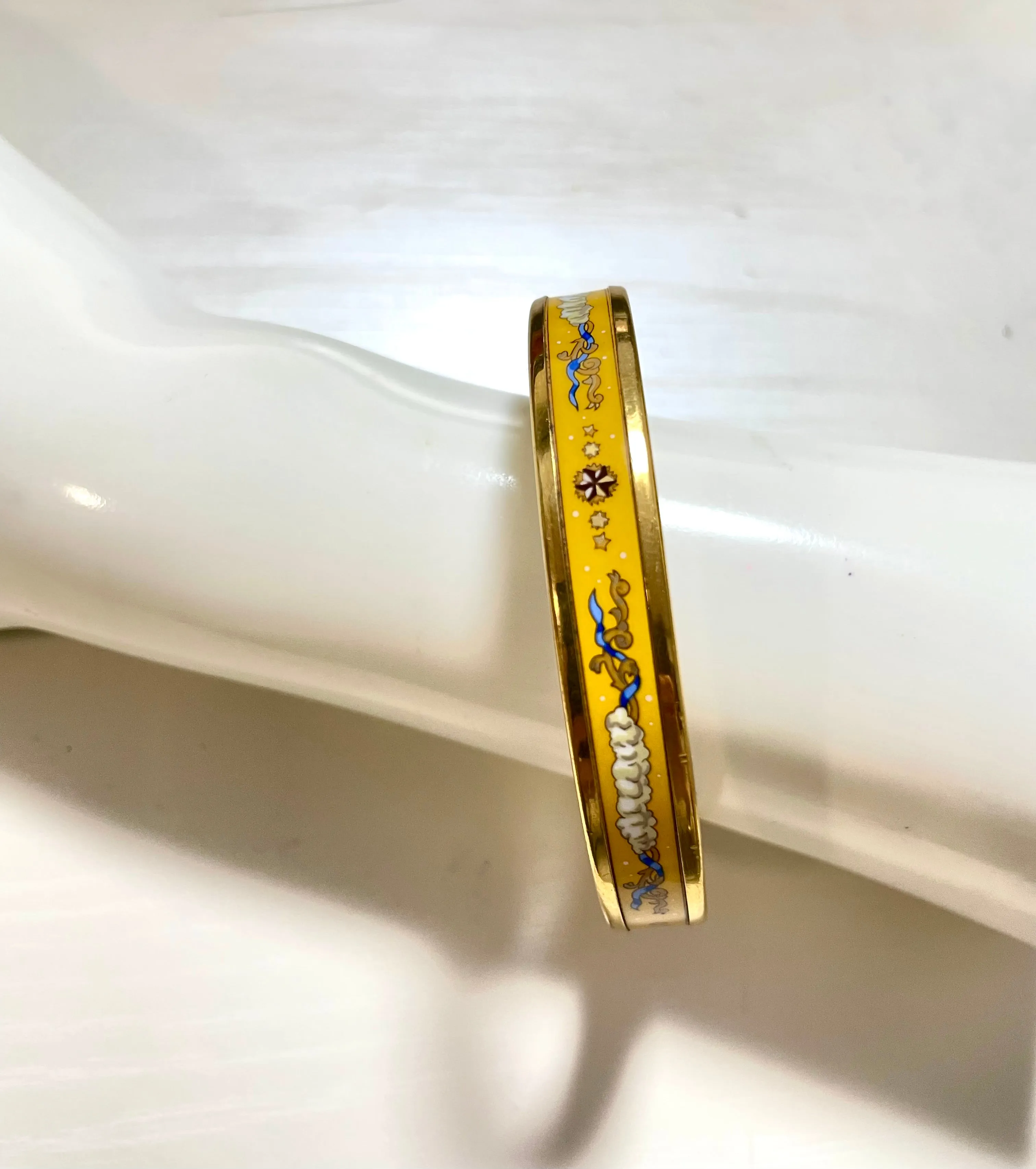 Vintage Hermes yellow cloisonne enamel bangle with star, cloud, and arabesque design. Classic bracelet. 070128ac4