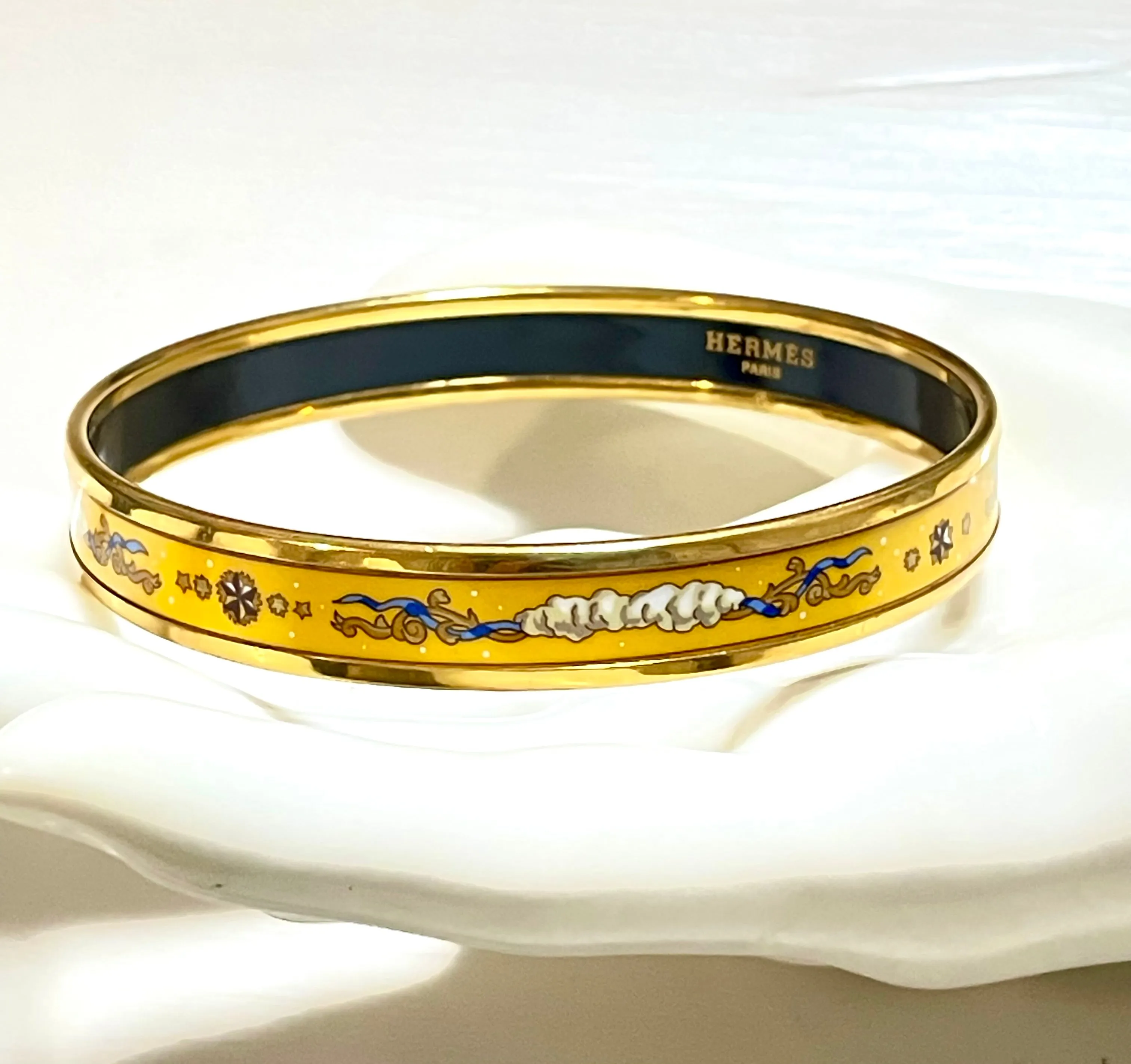Vintage Hermes yellow cloisonne enamel bangle with star, cloud, and arabesque design. Classic bracelet. 070128ac4