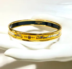 Vintage Hermes yellow cloisonne enamel bangle with star, cloud, and arabesque design. Classic bracelet. 070128ac4