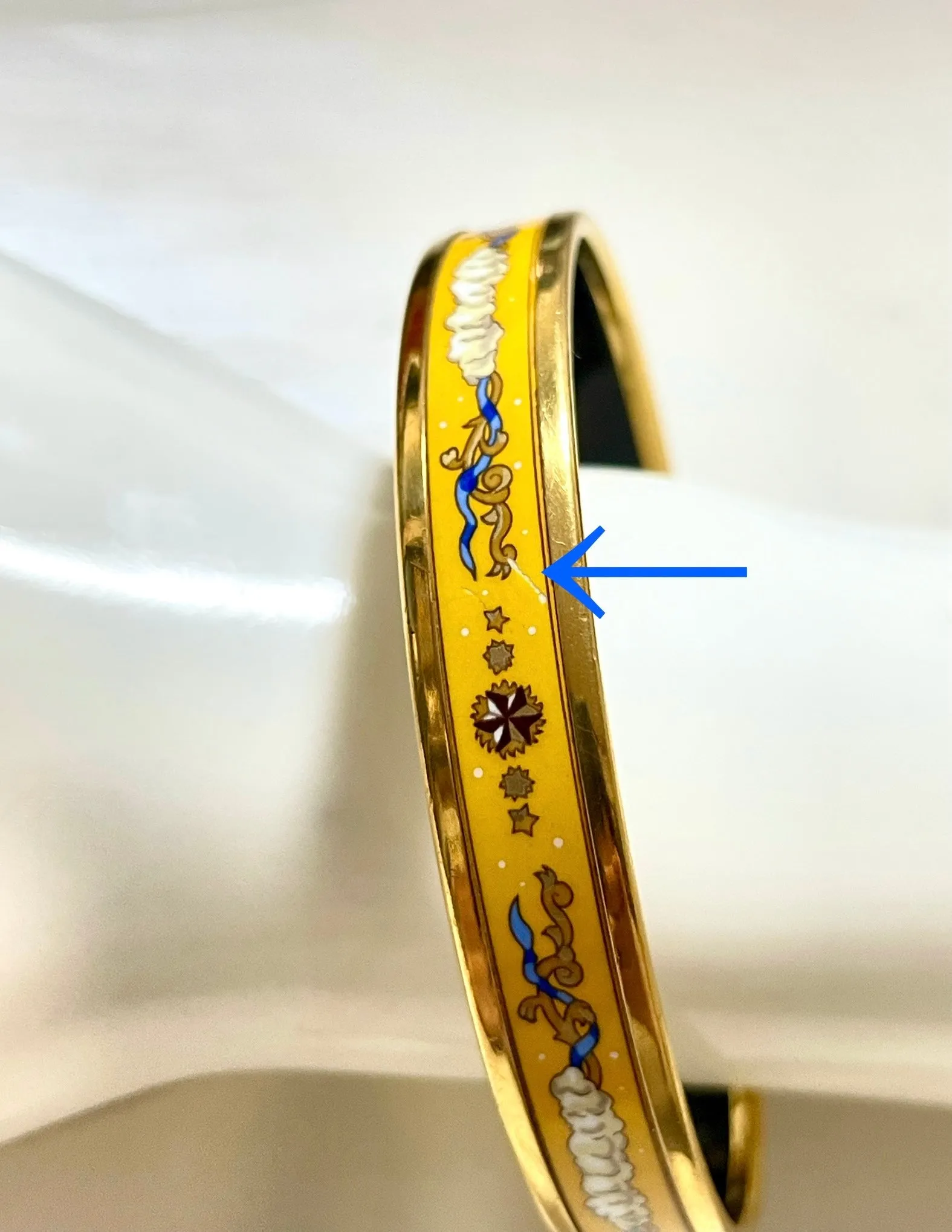 Vintage Hermes yellow cloisonne enamel bangle with star, cloud, and arabesque design. Classic bracelet. 070128ac4