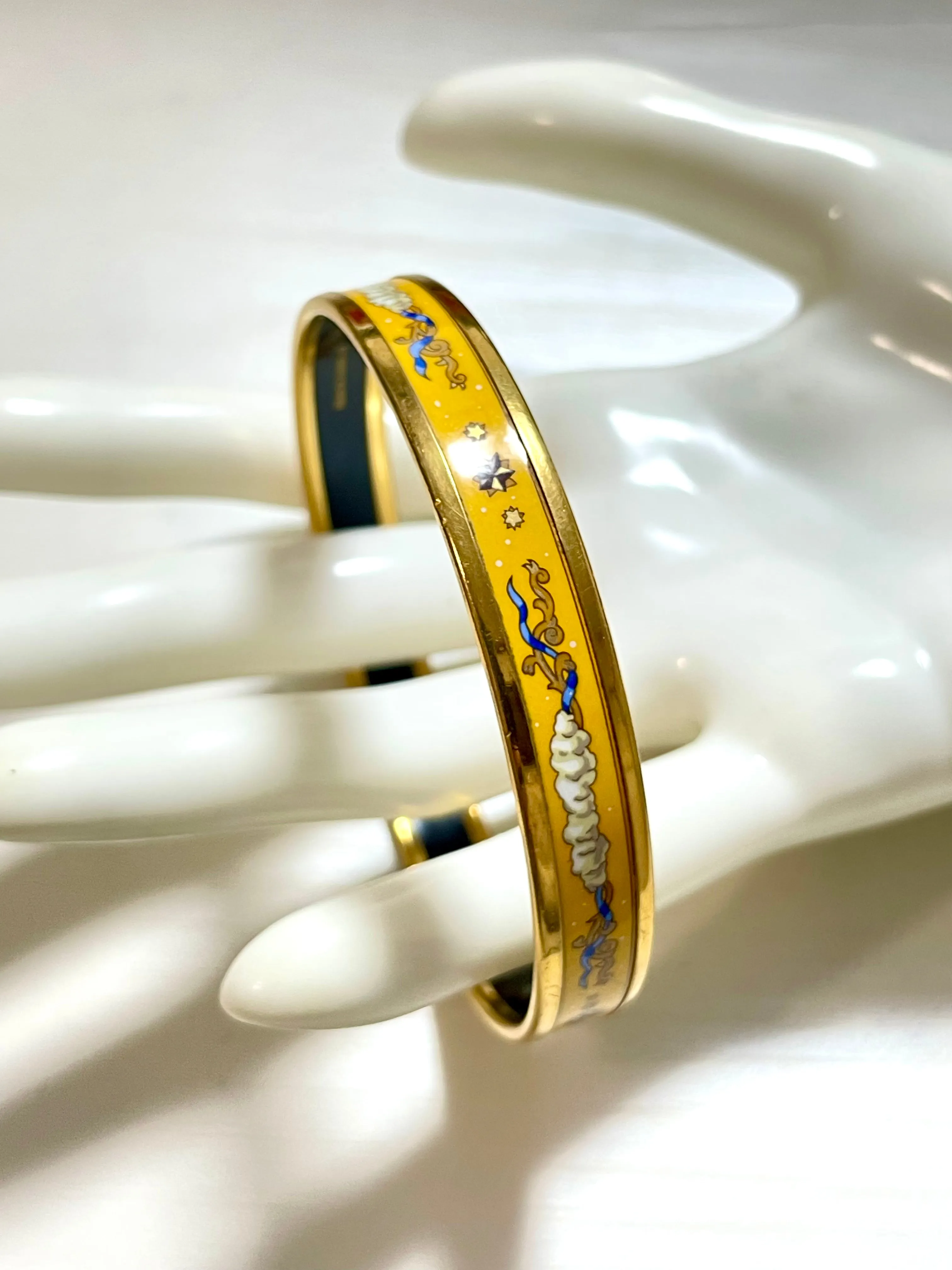 Vintage Hermes yellow cloisonne enamel bangle with star, cloud, and arabesque design. Classic bracelet. 070128ac4