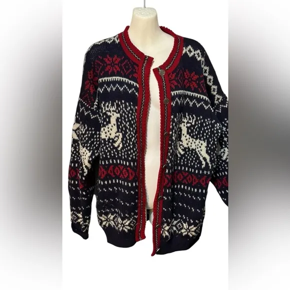 Vintage REI Cardigan Sweater Red White Blue Fair Isle Nordic Wool