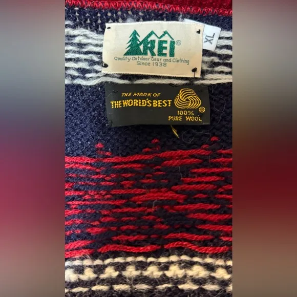 Vintage REI Cardigan Sweater Red White Blue Fair Isle Nordic Wool