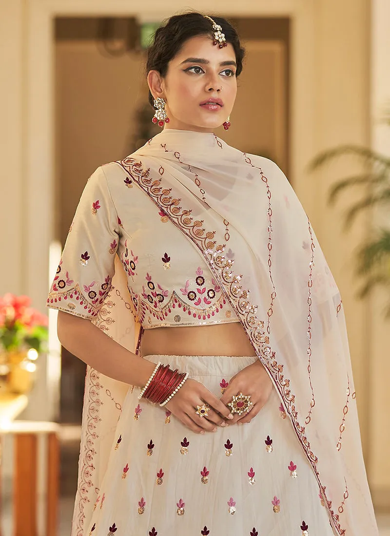 White And Red Multi Embroidery Ombré Silk Lehenga Choli