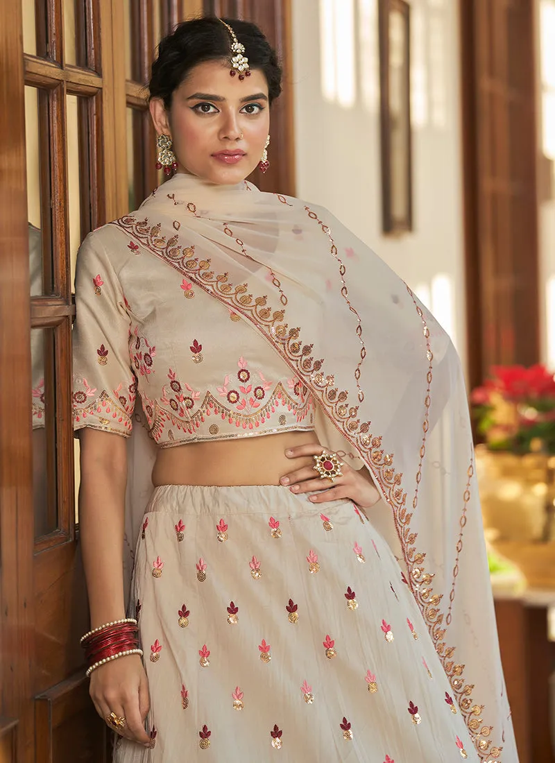White And Red Multi Embroidery Ombré Silk Lehenga Choli