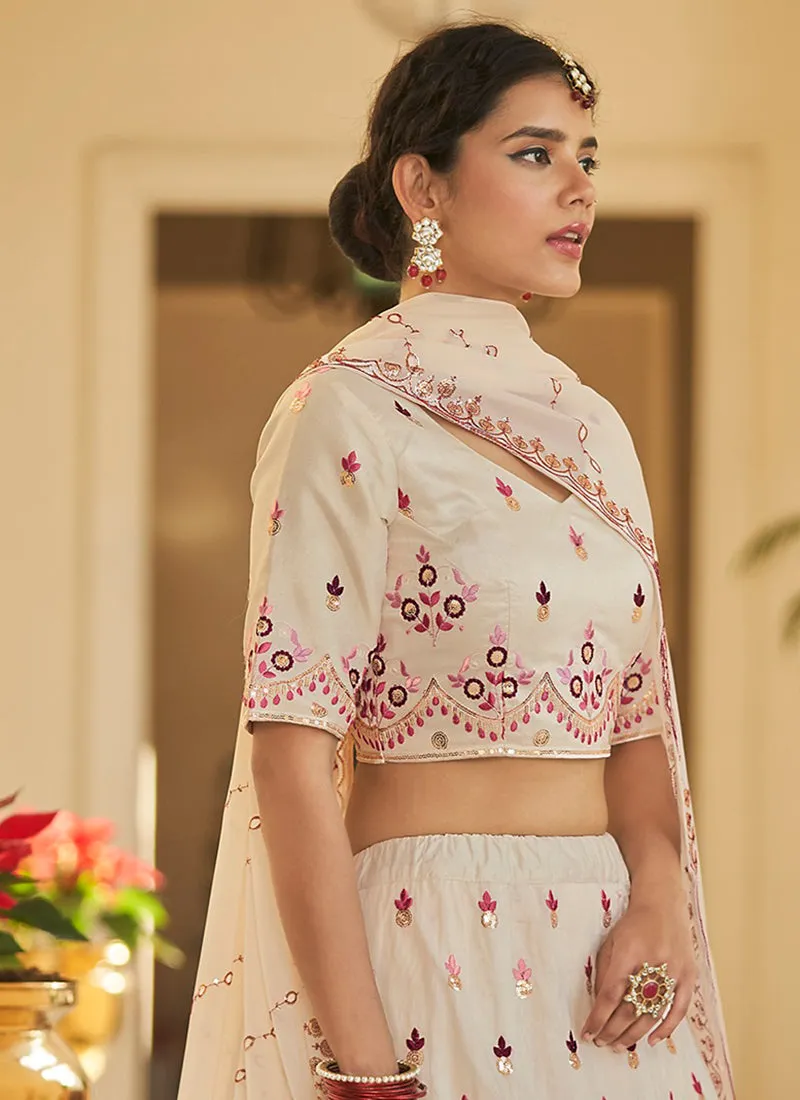 White And Red Multi Embroidery Ombré Silk Lehenga Choli