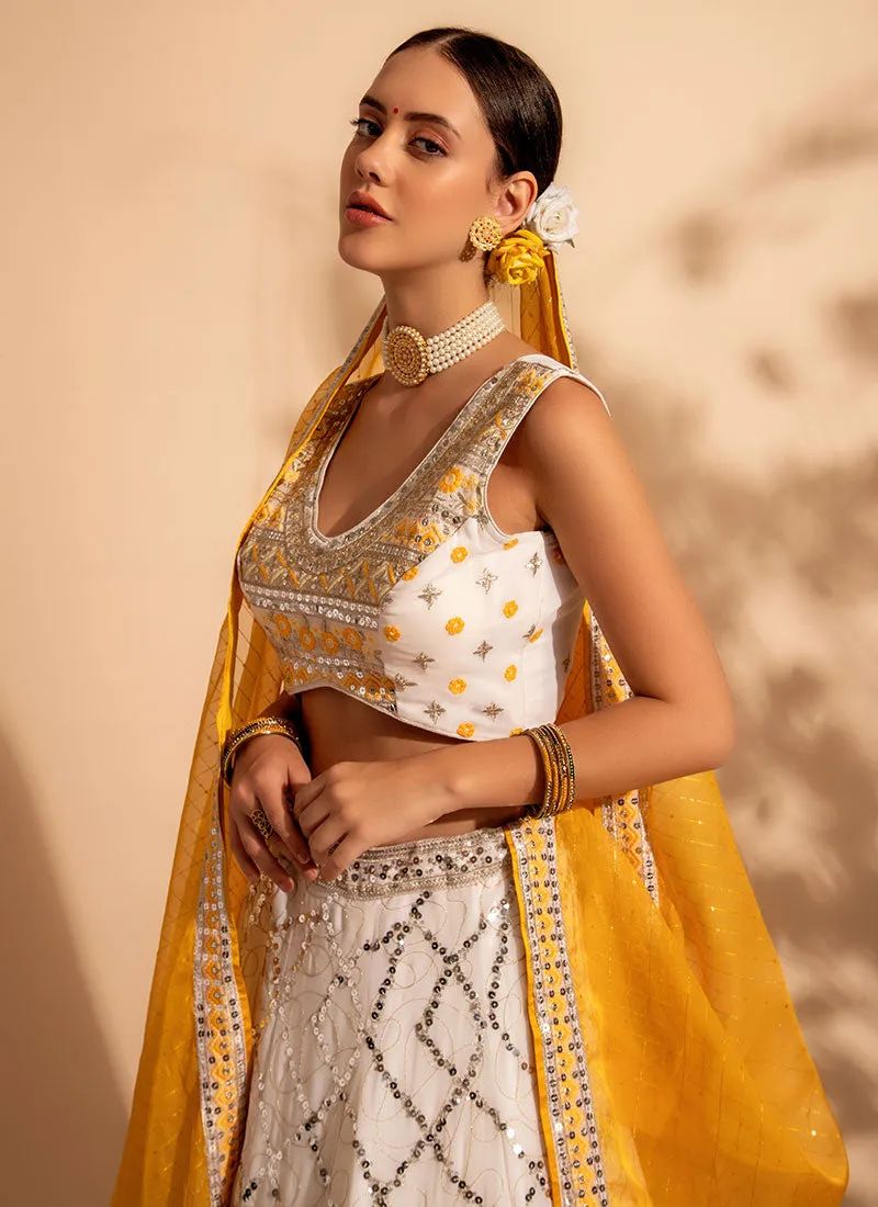 White And Yellow Multi Embroidery Traditional Lehenga Choli
