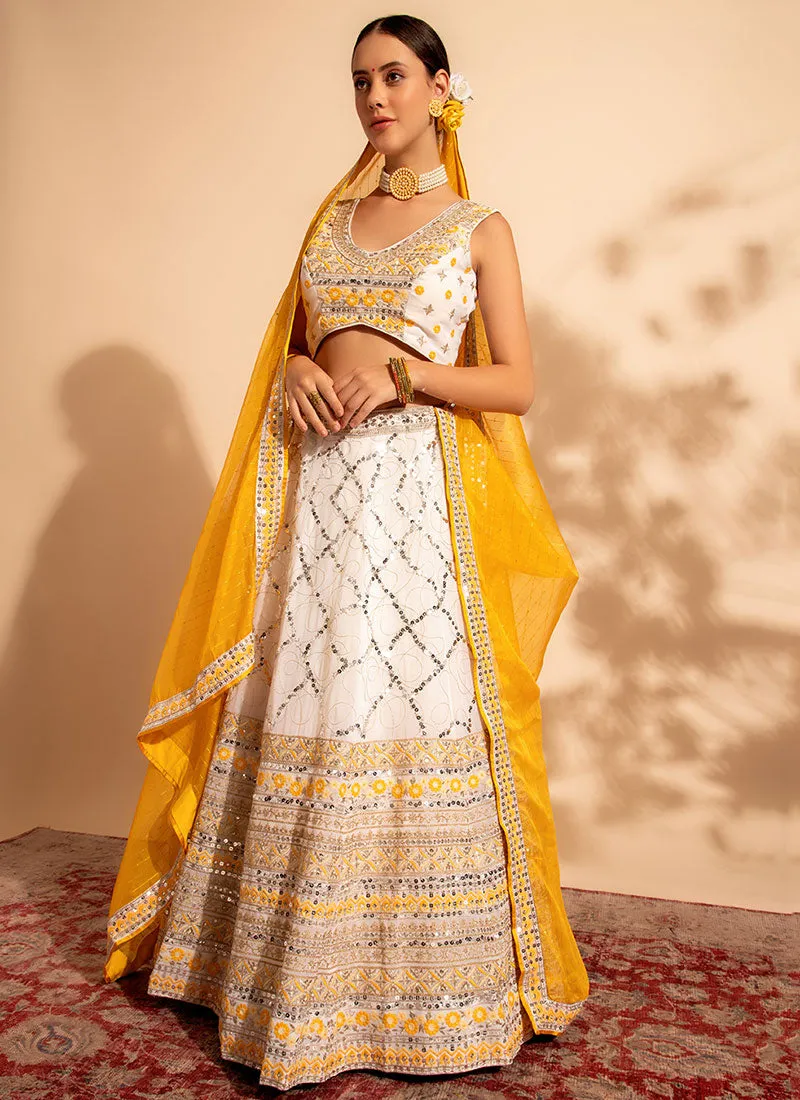 White And Yellow Multi Embroidery Traditional Lehenga Choli