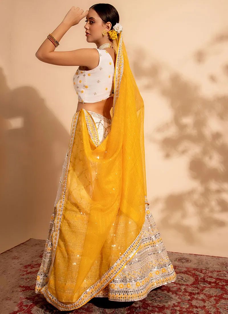 White And Yellow Multi Embroidery Traditional Lehenga Choli