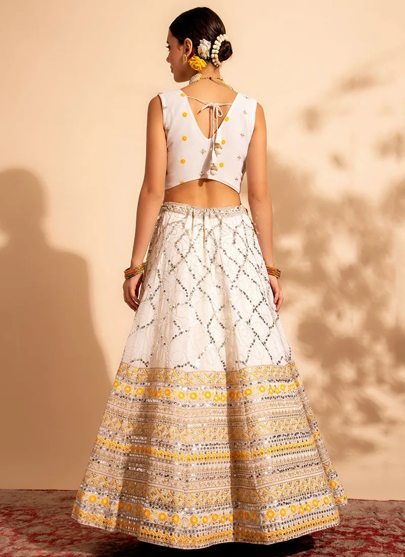 White And Yellow Multi Embroidery Traditional Lehenga Choli