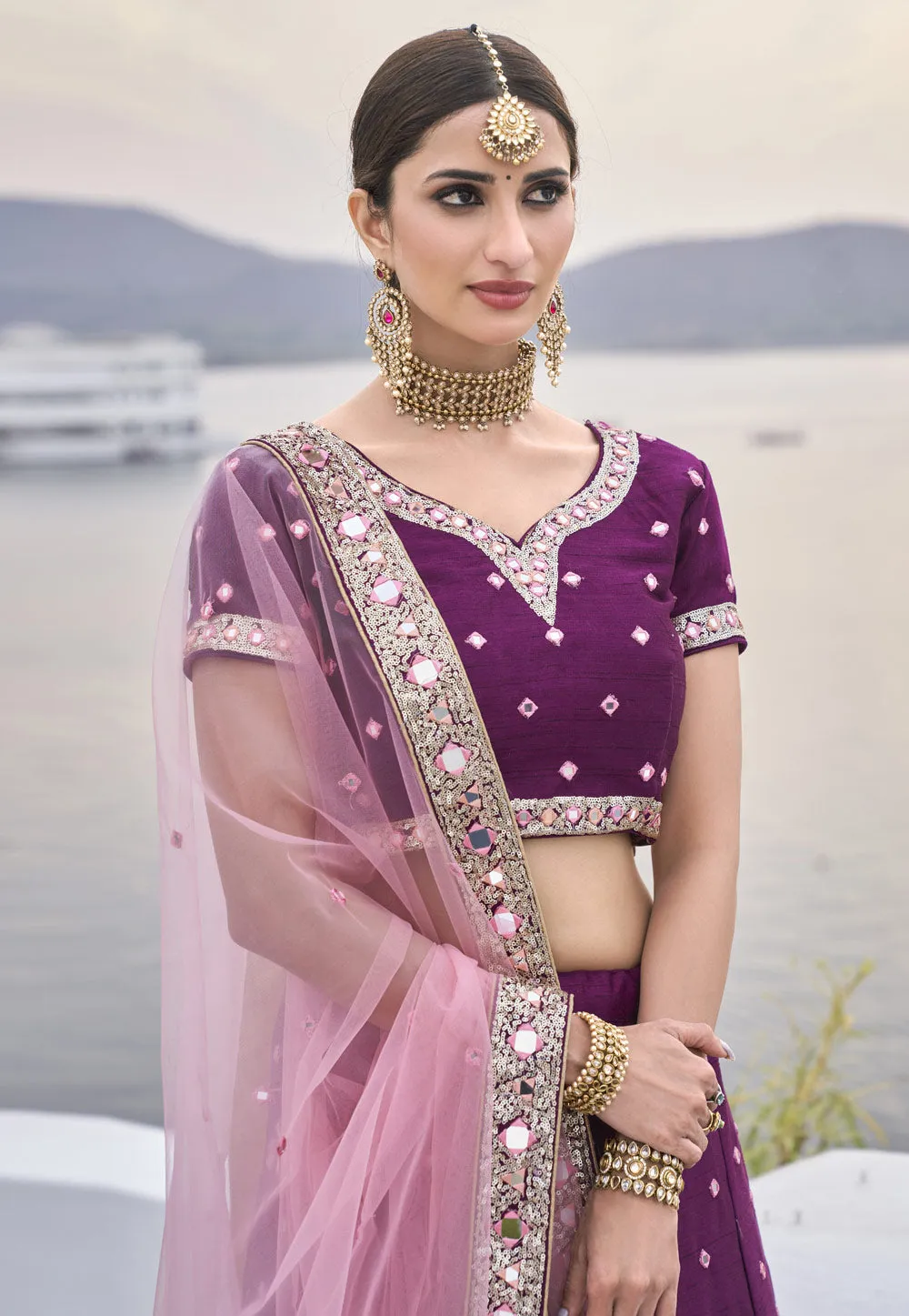 Wine And Pink Mirror Work Wedding Lehenga Choli