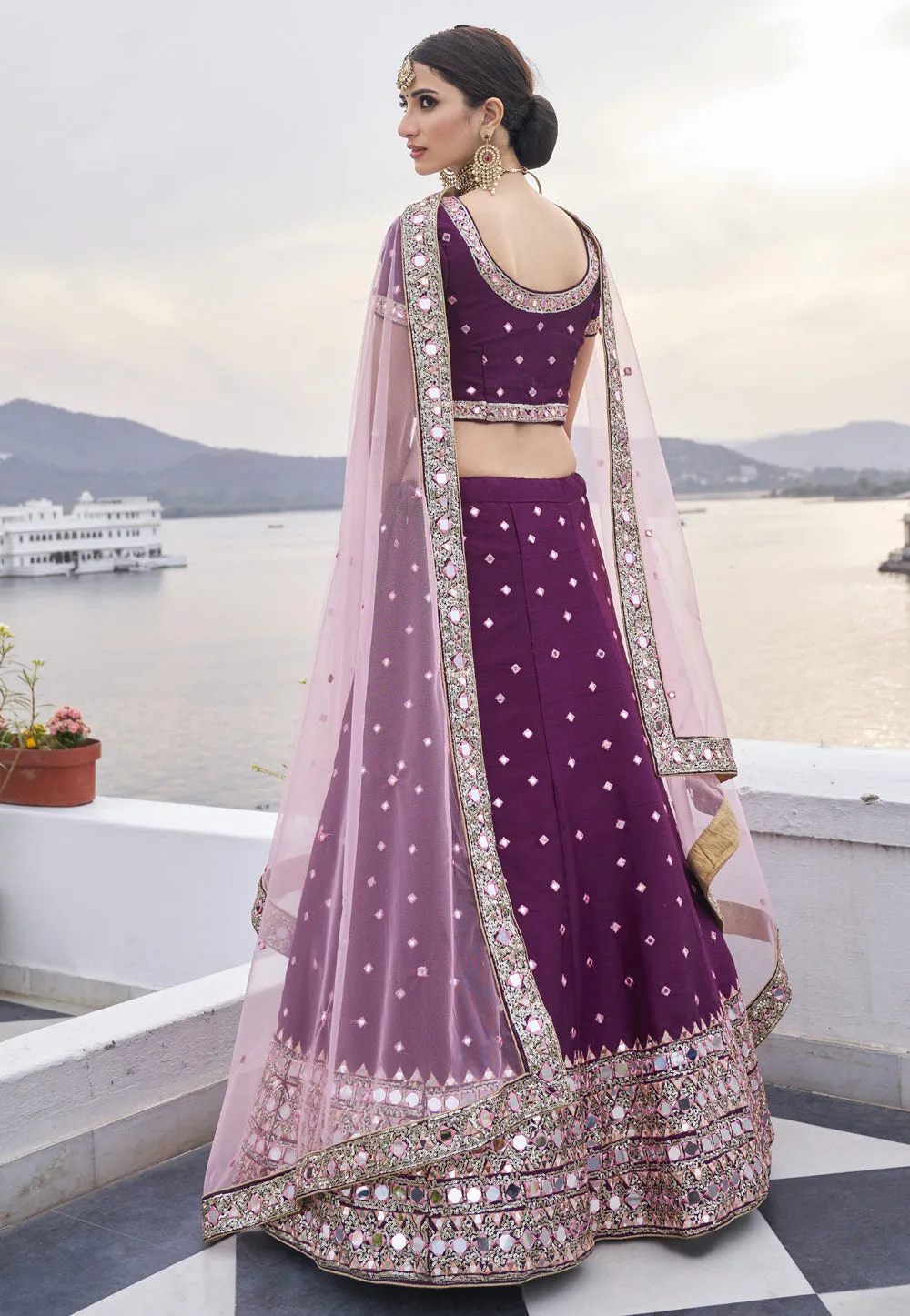 Wine And Pink Mirror Work Wedding Lehenga Choli
