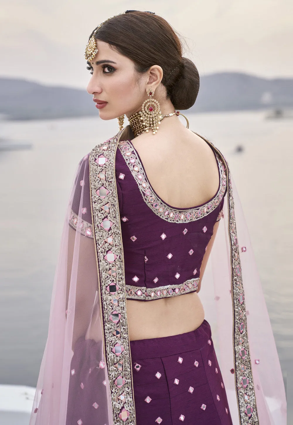 Wine And Pink Mirror Work Wedding Lehenga Choli