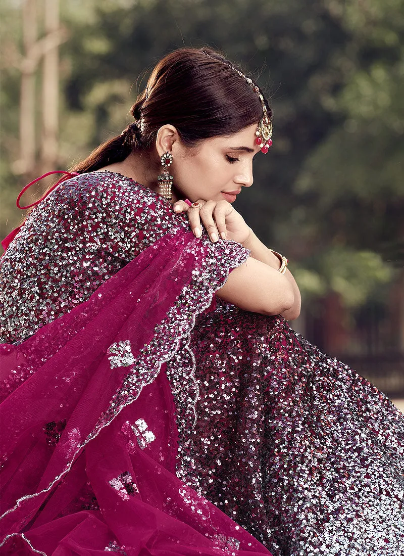Wine And Silver Sequence Lehenga Choli