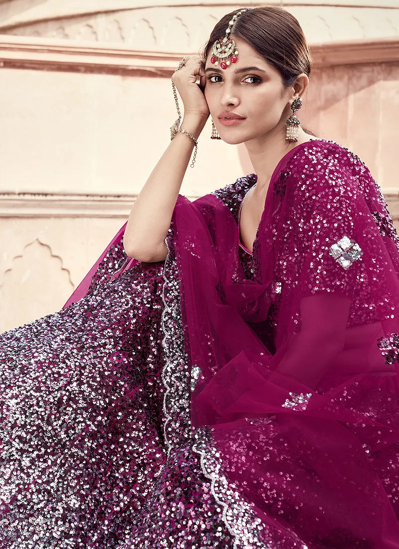 Wine And Silver Sequence Lehenga Choli