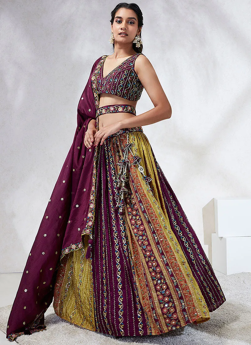 Wine Multicoloured Tradition Embroidery Wedding Lehenga Choli