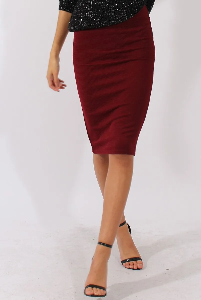 Wine Ribbed High Waisted Midi Skirt - Della