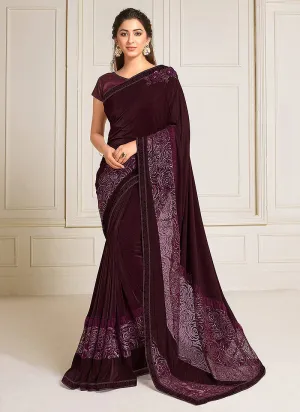 Wine Sequence Embroidered Designer Saree