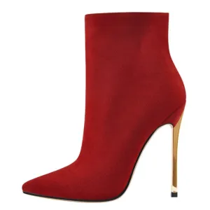 Women Pointed Toe Metal Thin High Heel  Black Red Boots
