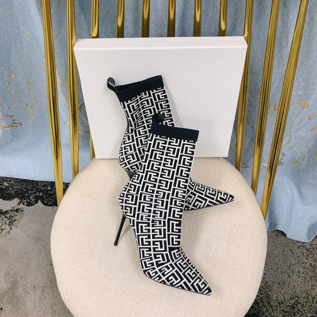 Women Shoes Knitted Mid-Calf Sock Boots Pointed Toe