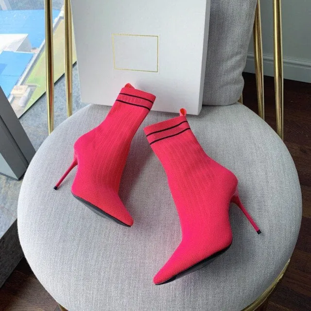 Women Shoes Knitted Mid-Calf Sock Boots Pointed Toe