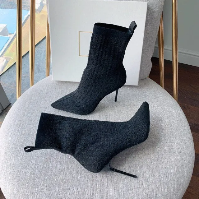 Women Shoes Knitted Mid-Calf Sock Boots Pointed Toe