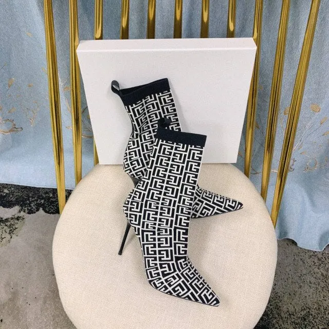 Women Shoes Knitted Mid-Calf Sock Boots Pointed Toe