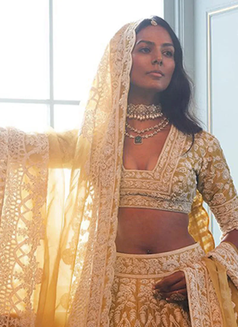 Yellow Cording Embroidery Wedding Lehenga Choli And Dupatta