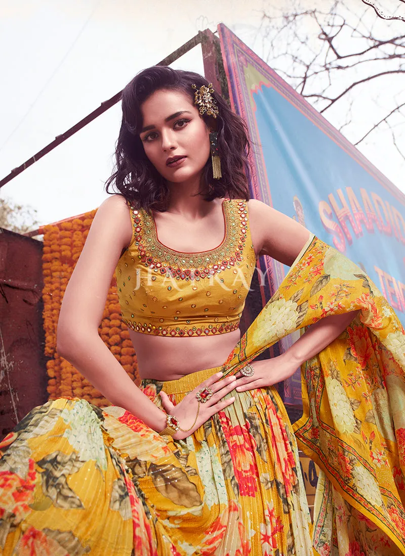 Yellow Digital Printed Designer Chinon Lehenga Choli