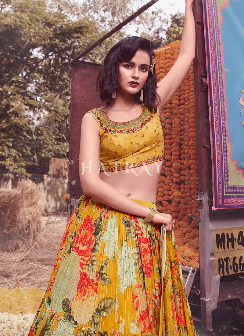 Yellow Digital Printed Designer Chinon Lehenga Choli