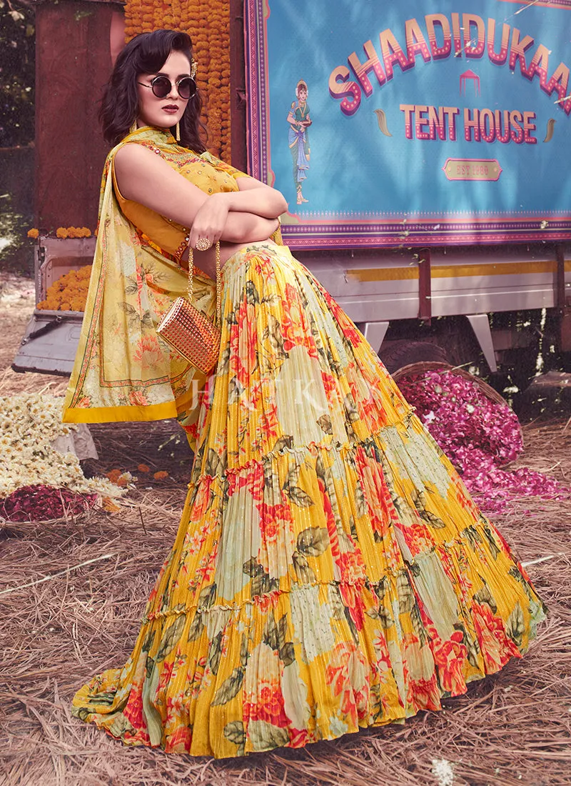 Yellow Digital Printed Designer Chinon Lehenga Choli