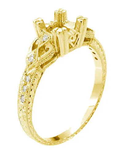 Yellow Gold Filigree Engraved Loving Hearts Antique Style Engagement Ring Setting for a 1/2 Carat Square or Round Diamond