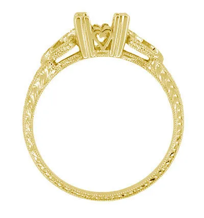 Yellow Gold Filigree Engraved Loving Hearts Antique Style Engagement Ring Setting for a 1/2 Carat Square or Round Diamond