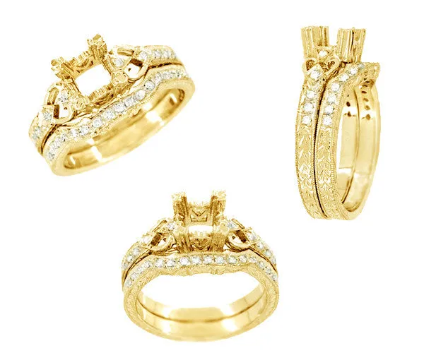 Yellow Gold Filigree Engraved Loving Hearts Antique Style Engagement Ring Setting for a 1/2 Carat Square or Round Diamond